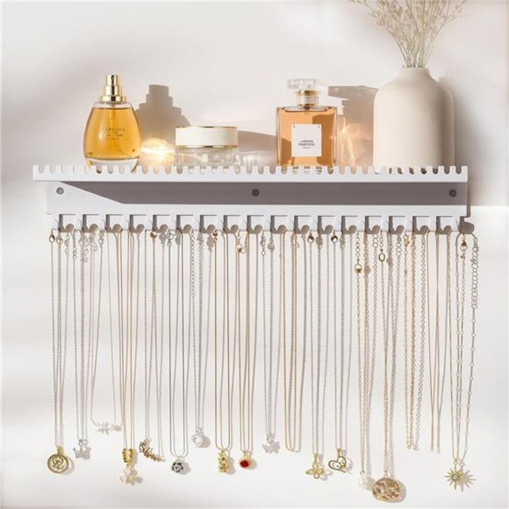 Wall mounted jewelry organizer necklace holder with hooks and tray for earrings